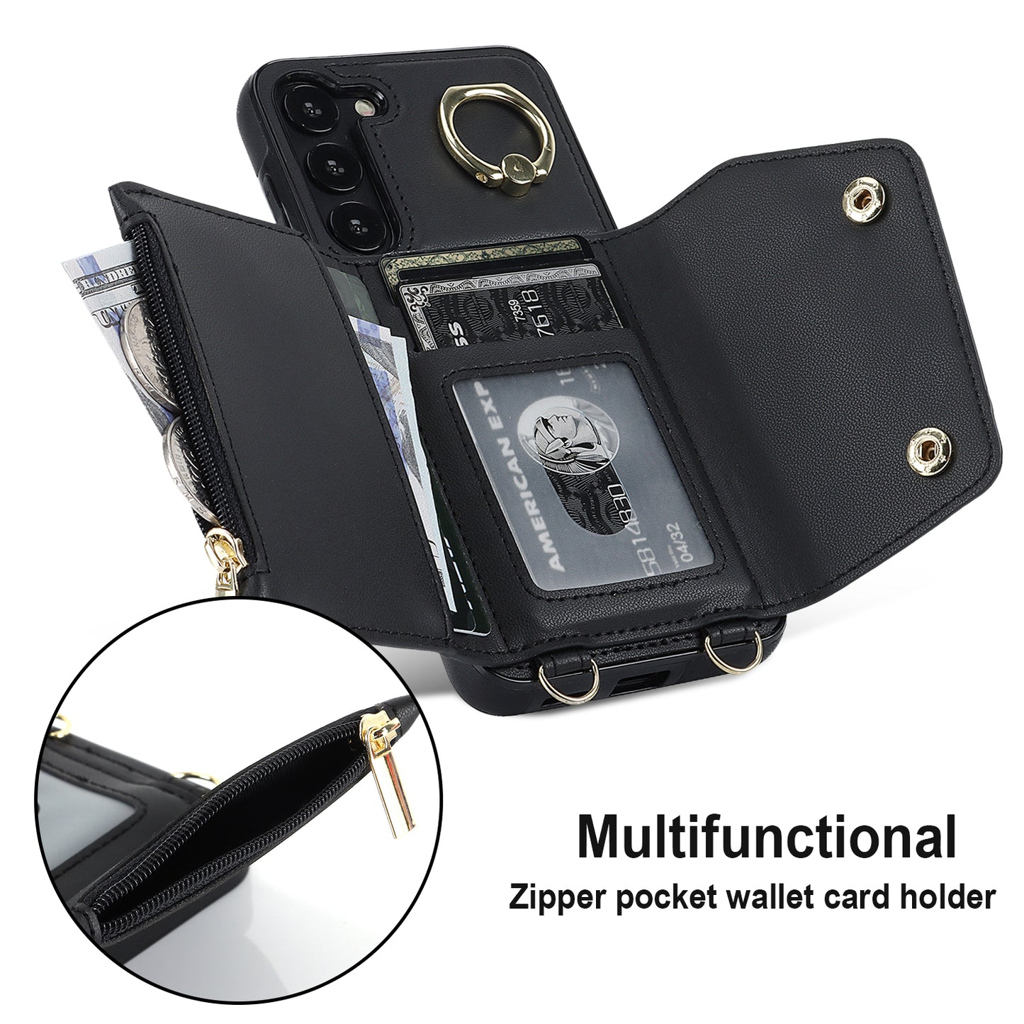 For Samsung Galaxy S24+ Case Zipper Wallet Kickstand Phone Cover with Crossbody Strap - Black