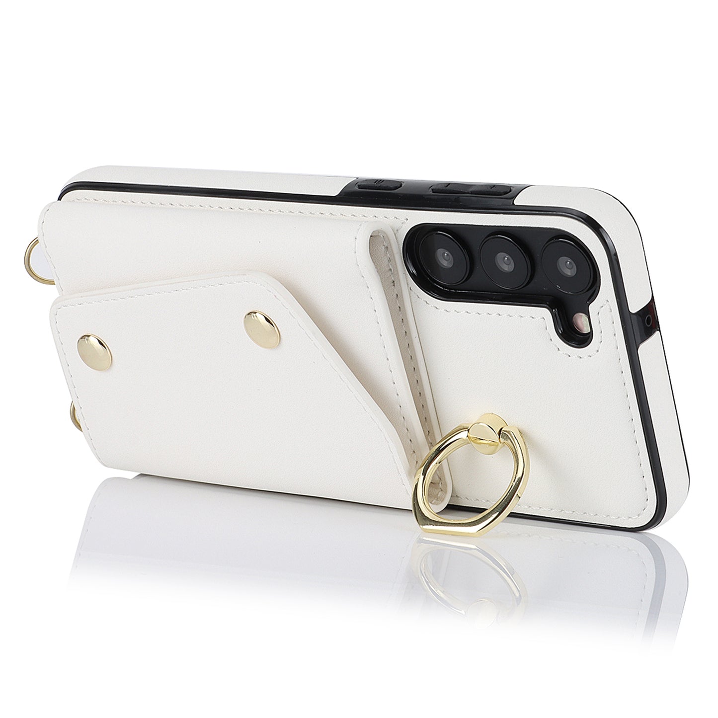 For Samsung Galaxy S24+ Case Zipper Wallet Kickstand Phone Cover with Crossbody Strap - White