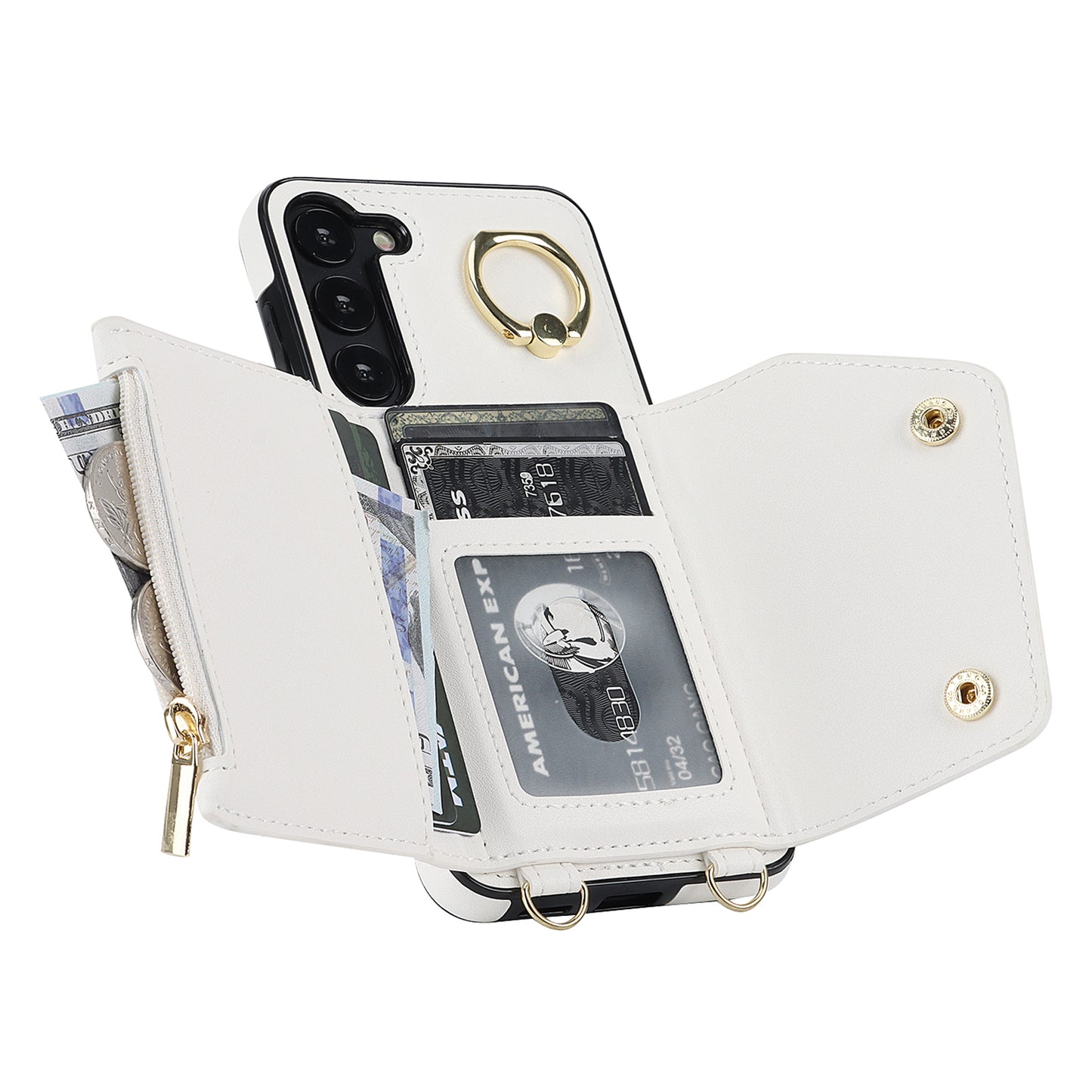 For Samsung Galaxy S24+ Case Zipper Wallet Kickstand Phone Cover with Crossbody Strap - White