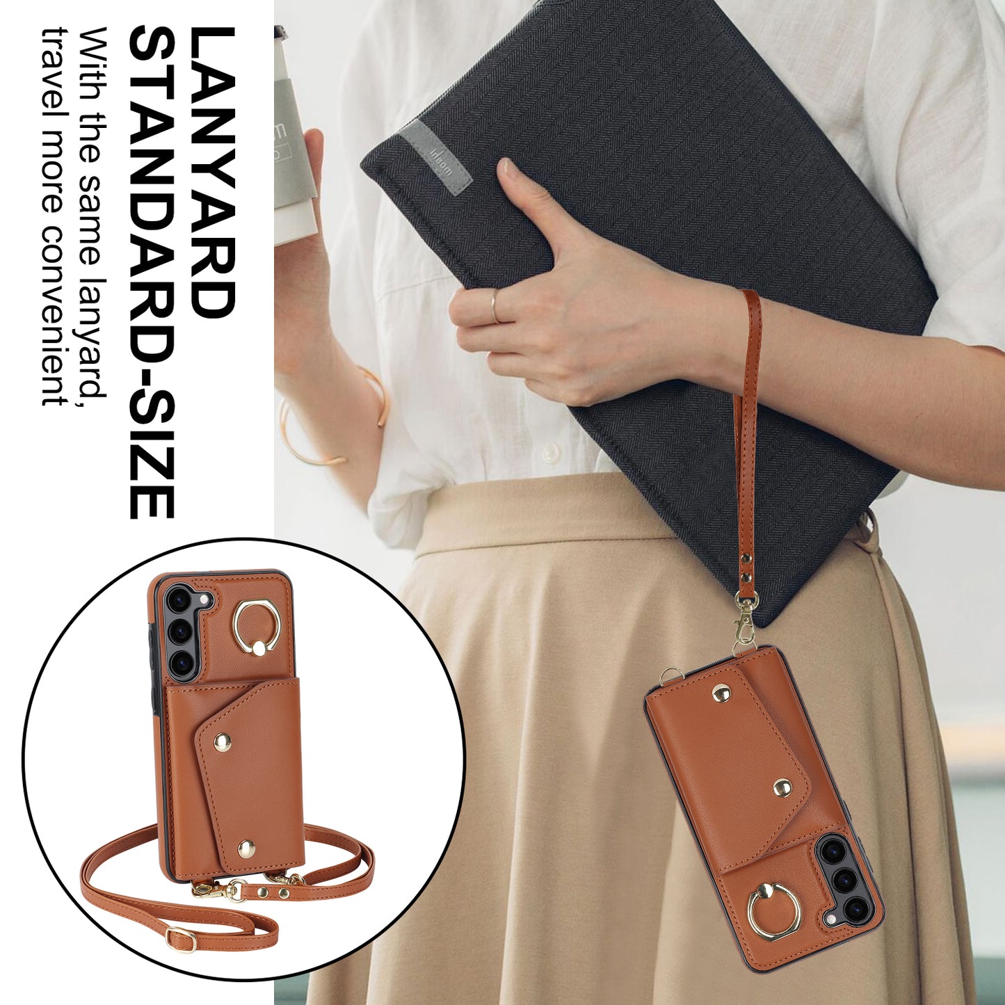 For Samsung Galaxy S24+ Case Zipper Wallet Kickstand Phone Cover with Crossbody Strap - Brown