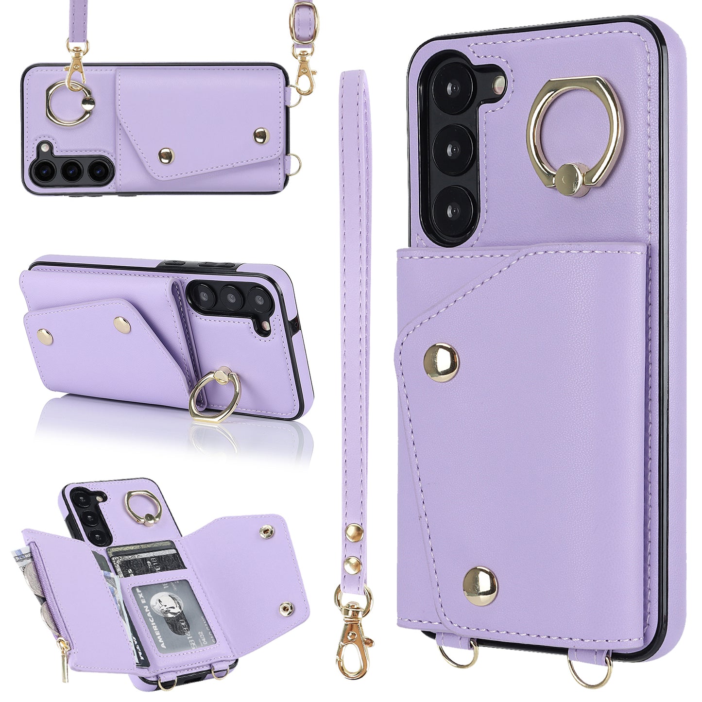 For Samsung Galaxy S24+ Case Zipper Wallet Kickstand Phone Cover with Crossbody Strap - Purple
