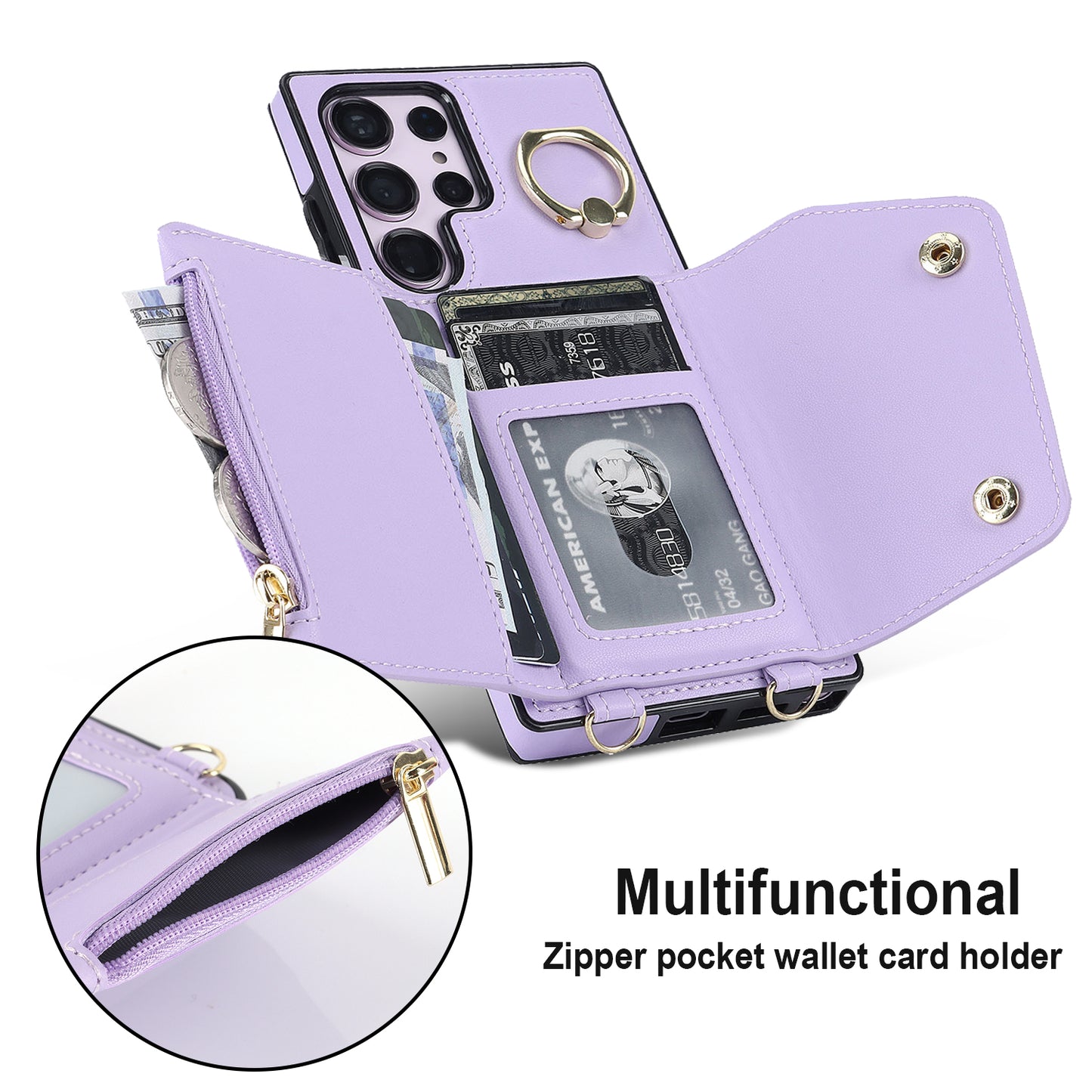 For Samsung Galaxy S24 Ultra Case Wallet Zipper Anti-scratch PU Leather+TPU Phone Protector - Purple