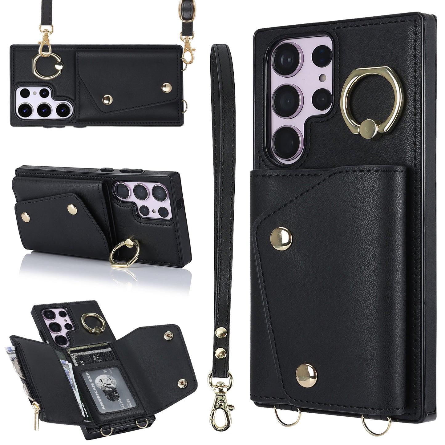 For Samsung Galaxy S24 Ultra Case Wallet Zipper Anti-scratch PU Leather+TPU Phone Protector - Black