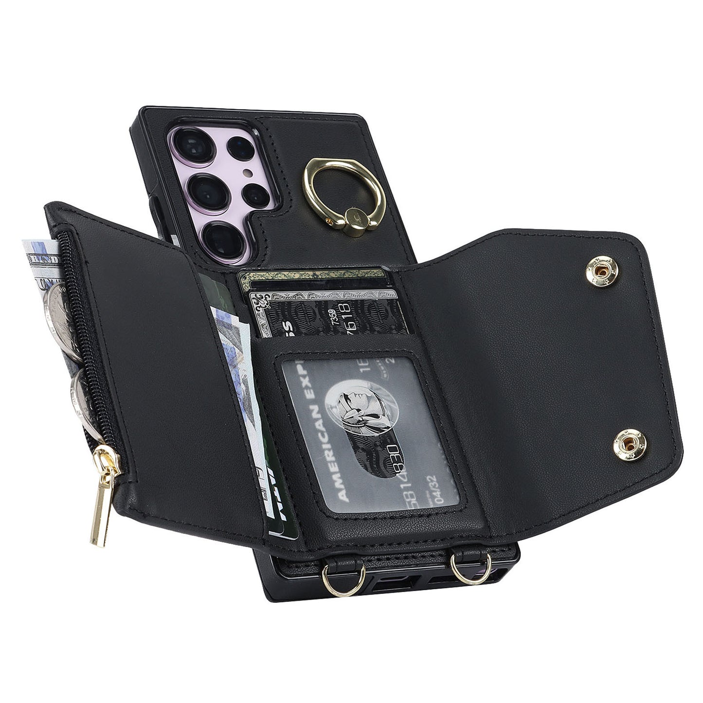 For Samsung Galaxy S24 Ultra Case Wallet Zipper Anti-scratch PU Leather+TPU Phone Protector - Black