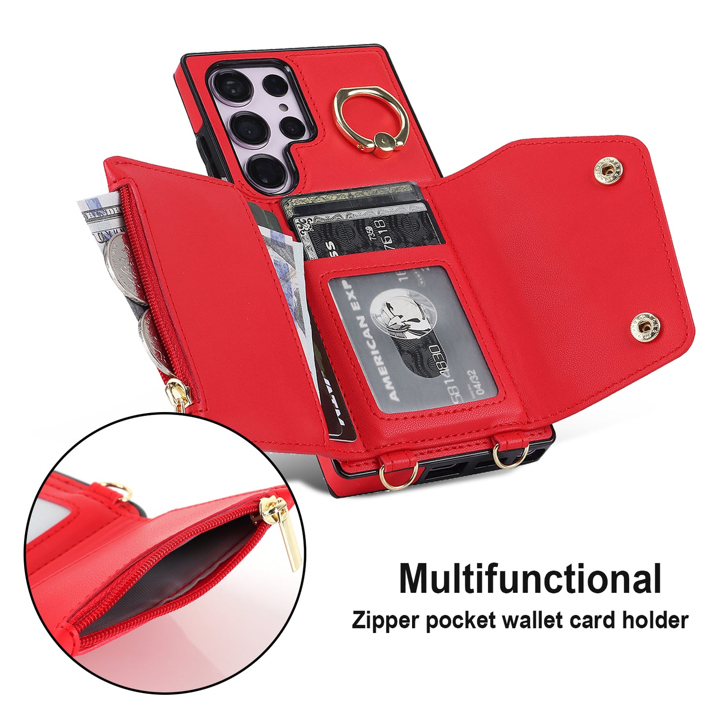 For Samsung Galaxy S24 Ultra Case Wallet Zipper Anti-scratch PU Leather+TPU Phone Protector - Red