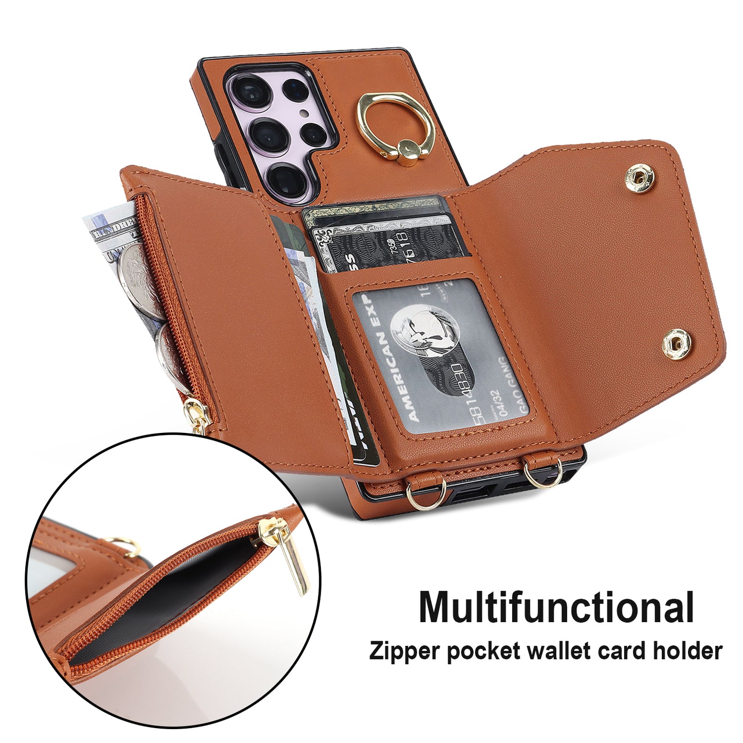 For Samsung Galaxy S24 Ultra Case Wallet Zipper Anti-scratch PU Leather+TPU Phone Protector - Brown