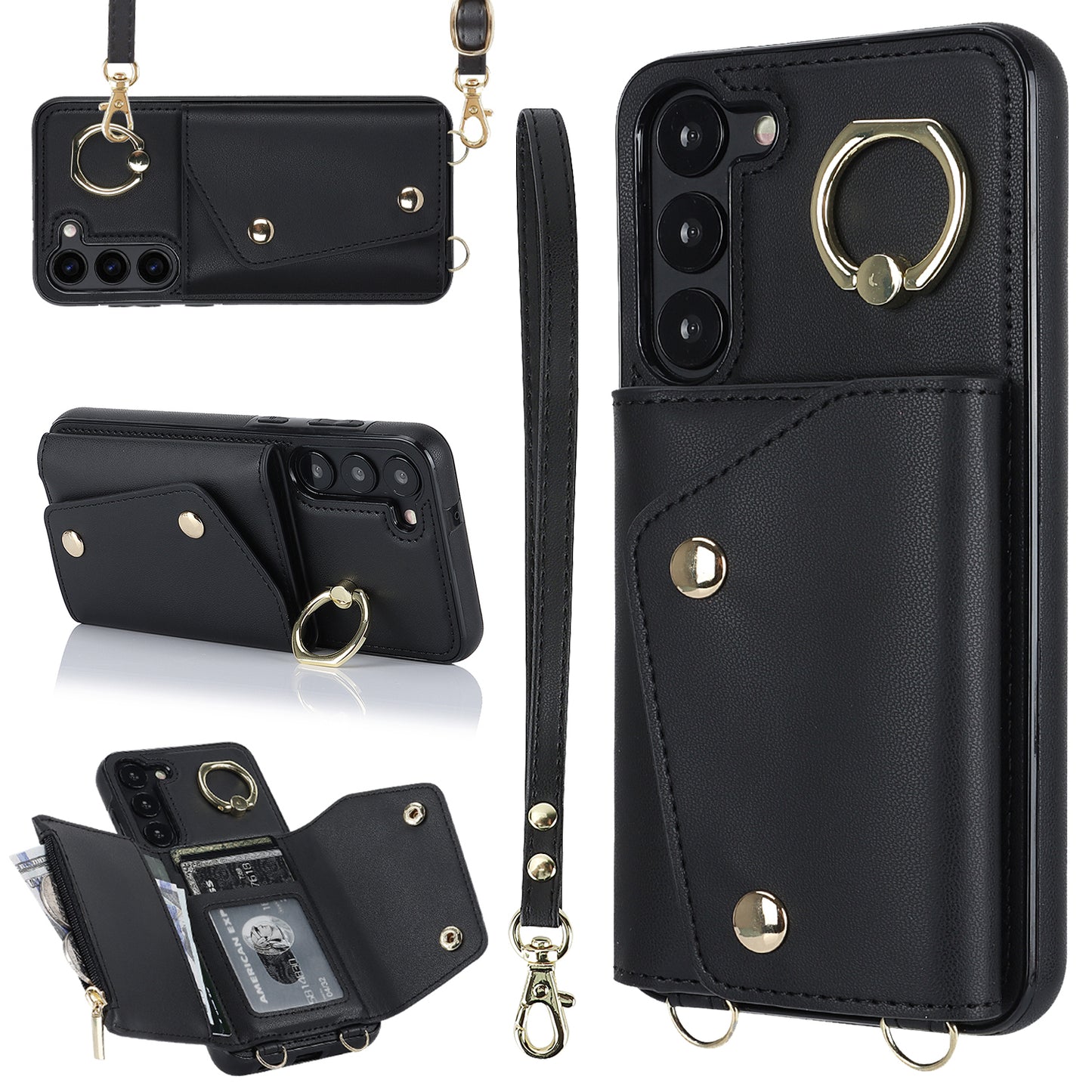 Crossbody Phone Case for Samsung Galaxy S24 Shell Ring Kickstand PU Leather Coated TPU Cover - Black