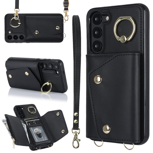 Crossbody Phone Case for Samsung Galaxy S24 Shell Ring Kickstand PU Leather Coated TPU Cover - Black