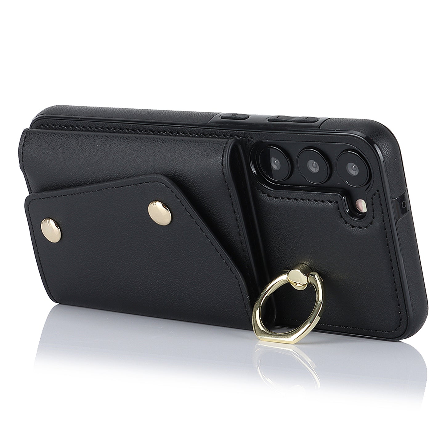 Crossbody Phone Case for Samsung Galaxy S24 Shell Ring Kickstand PU Leather Coated TPU Cover - Black