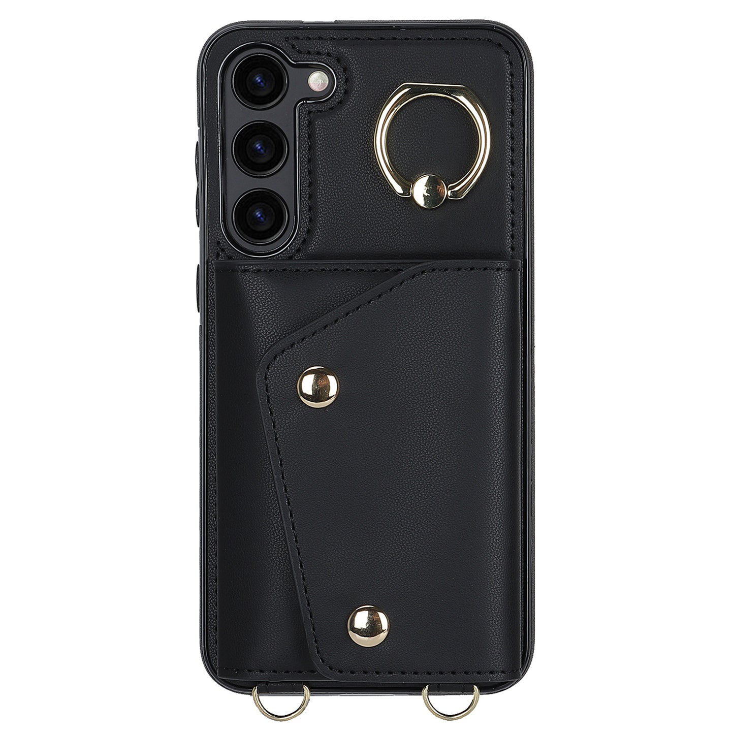 Crossbody Phone Case for Samsung Galaxy S24 Shell Ring Kickstand PU Leather Coated TPU Cover - Black