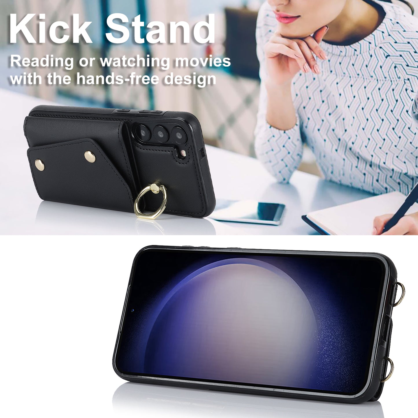 Crossbody Phone Case for Samsung Galaxy S24 Shell Ring Kickstand PU Leather Coated TPU Cover - Black