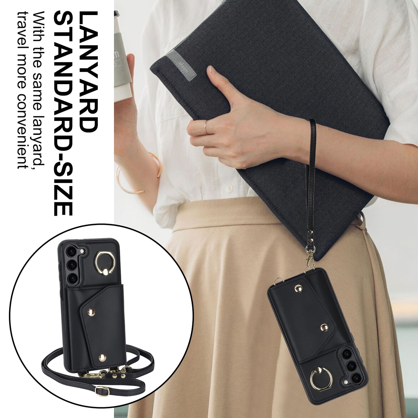Crossbody Phone Case for Samsung Galaxy S24 Shell Ring Kickstand PU Leather Coated TPU Cover - Black