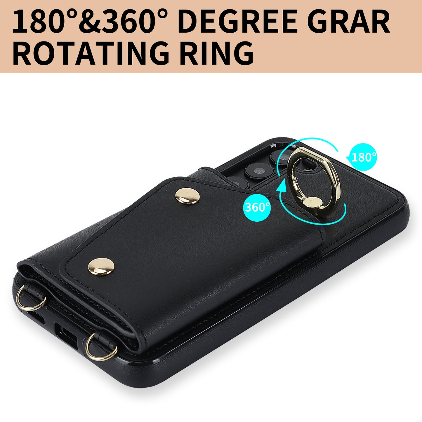 Crossbody Phone Case for Samsung Galaxy S24 Shell Ring Kickstand PU Leather Coated TPU Cover - Black