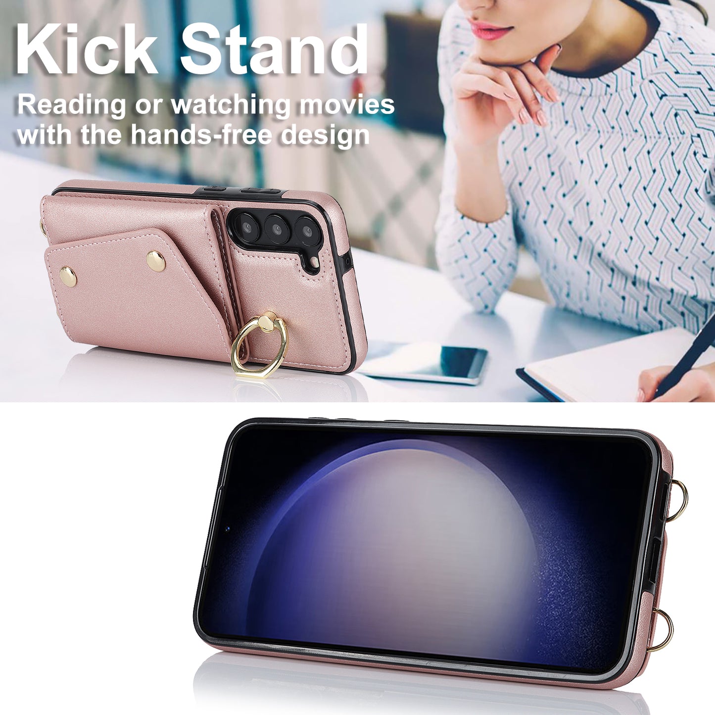 Crossbody Phone Case for Samsung Galaxy S24 Shell Ring Kickstand PU Leather Coated TPU Cover - Rose Gold