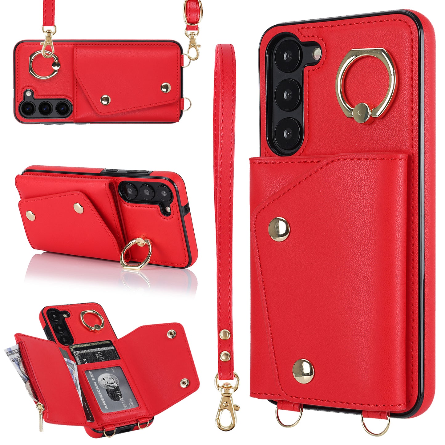 Crossbody Phone Case for Samsung Galaxy S24 Shell Ring Kickstand PU Leather Coated TPU Cover - Red