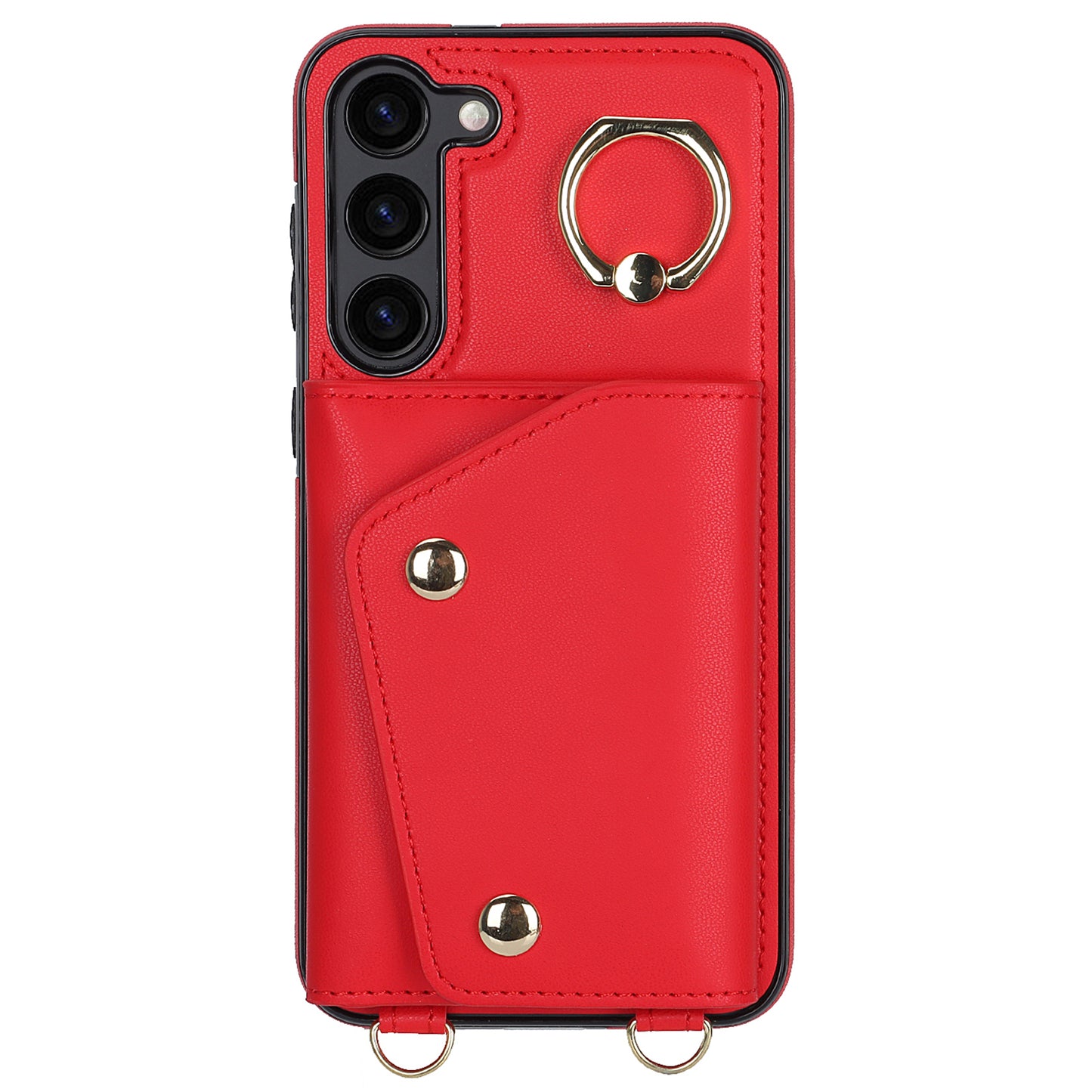 Crossbody Phone Case for Samsung Galaxy S24 Shell Ring Kickstand PU Leather Coated TPU Cover - Red