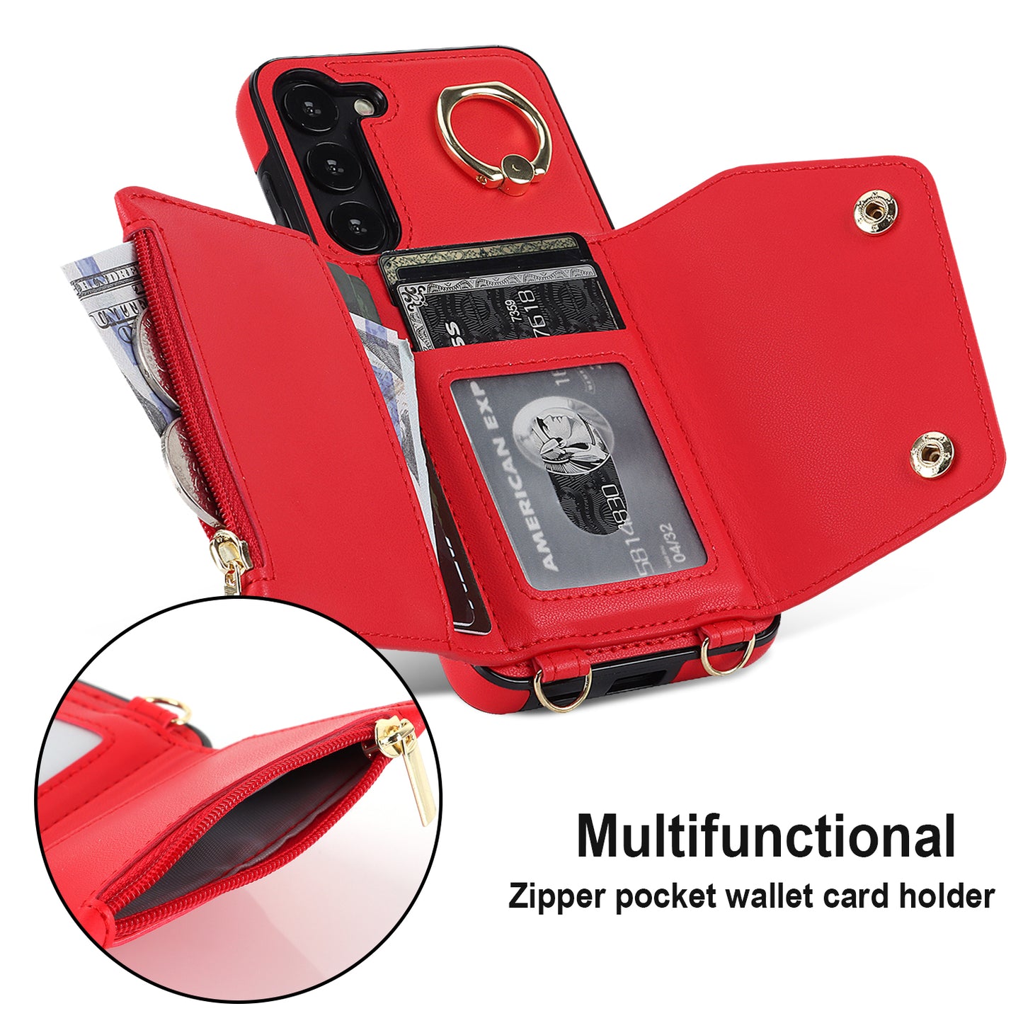 Crossbody Phone Case for Samsung Galaxy S24 Shell Ring Kickstand PU Leather Coated TPU Cover - Red