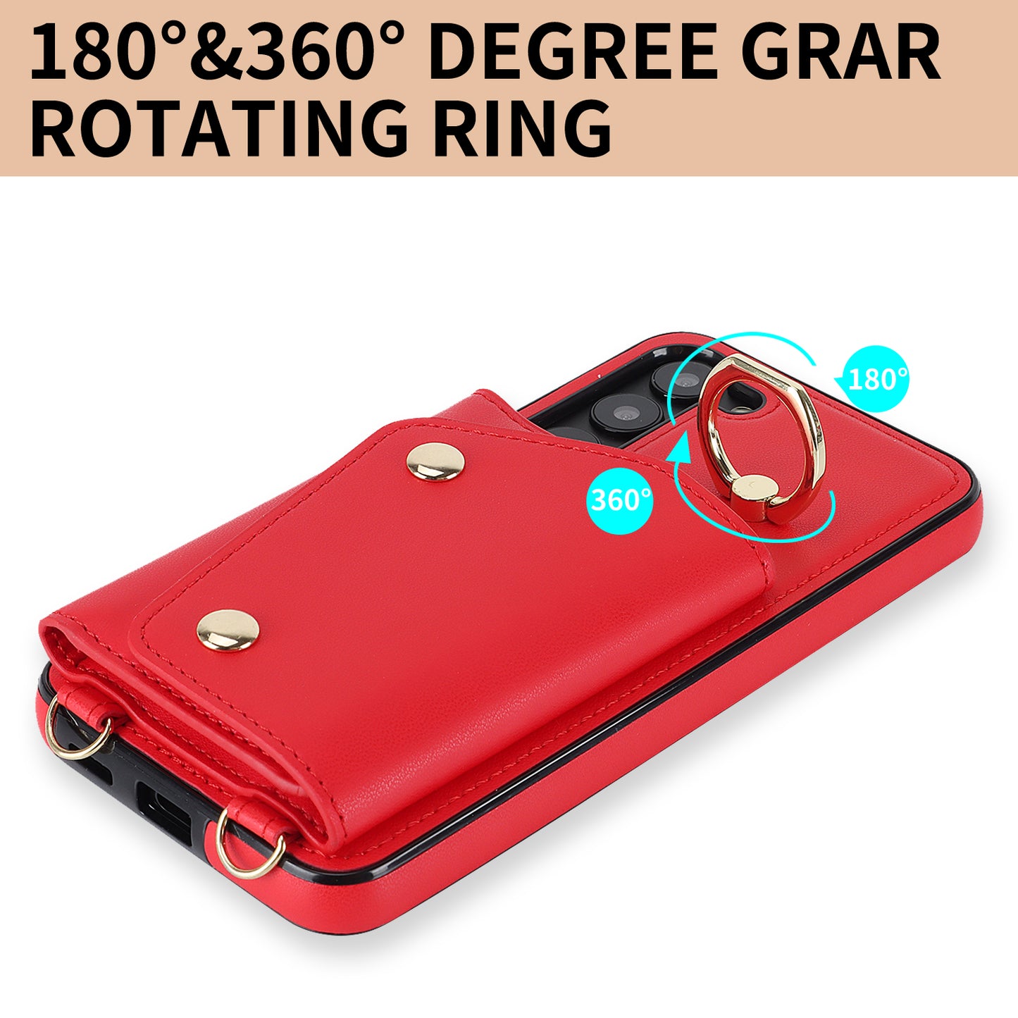 Crossbody Phone Case for Samsung Galaxy S24 Shell Ring Kickstand PU Leather Coated TPU Cover - Red