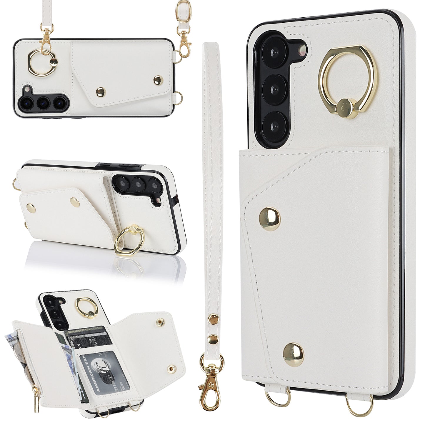 Crossbody Phone Case for Samsung Galaxy S24 Shell Ring Kickstand PU Leather Coated TPU Cover - White
