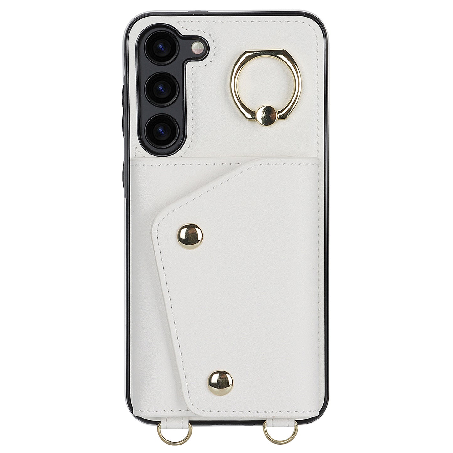 Crossbody Phone Case for Samsung Galaxy S24 Shell Ring Kickstand PU Leather Coated TPU Cover - White
