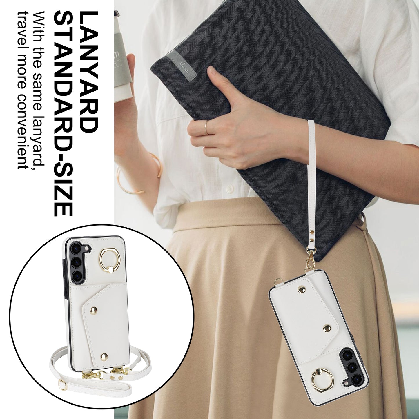 Crossbody Phone Case for Samsung Galaxy S24 Shell Ring Kickstand PU Leather Coated TPU Cover - White