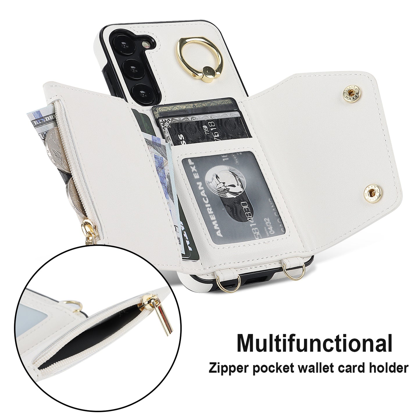 Crossbody Phone Case for Samsung Galaxy S24 Shell Ring Kickstand PU Leather Coated TPU Cover - White