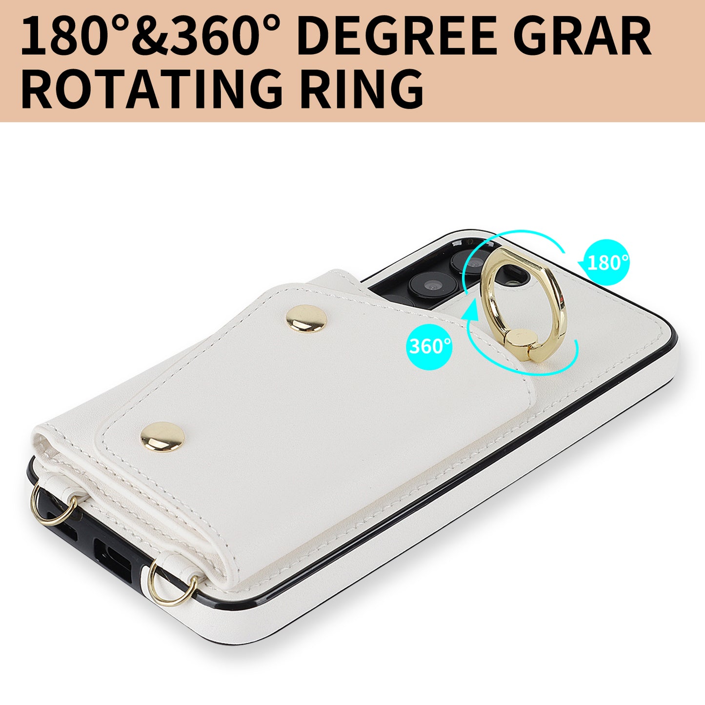 Crossbody Phone Case for Samsung Galaxy S24 Shell Ring Kickstand PU Leather Coated TPU Cover - White