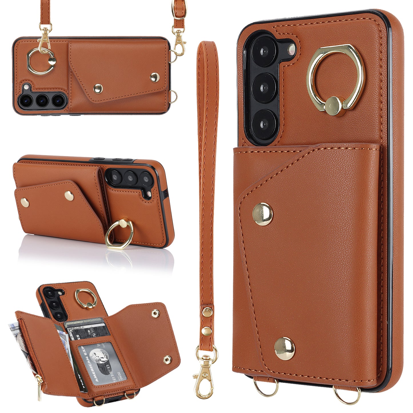 Crossbody Phone Case for Samsung Galaxy S24 Shell Ring Kickstand PU Leather Coated TPU Cover - Brown