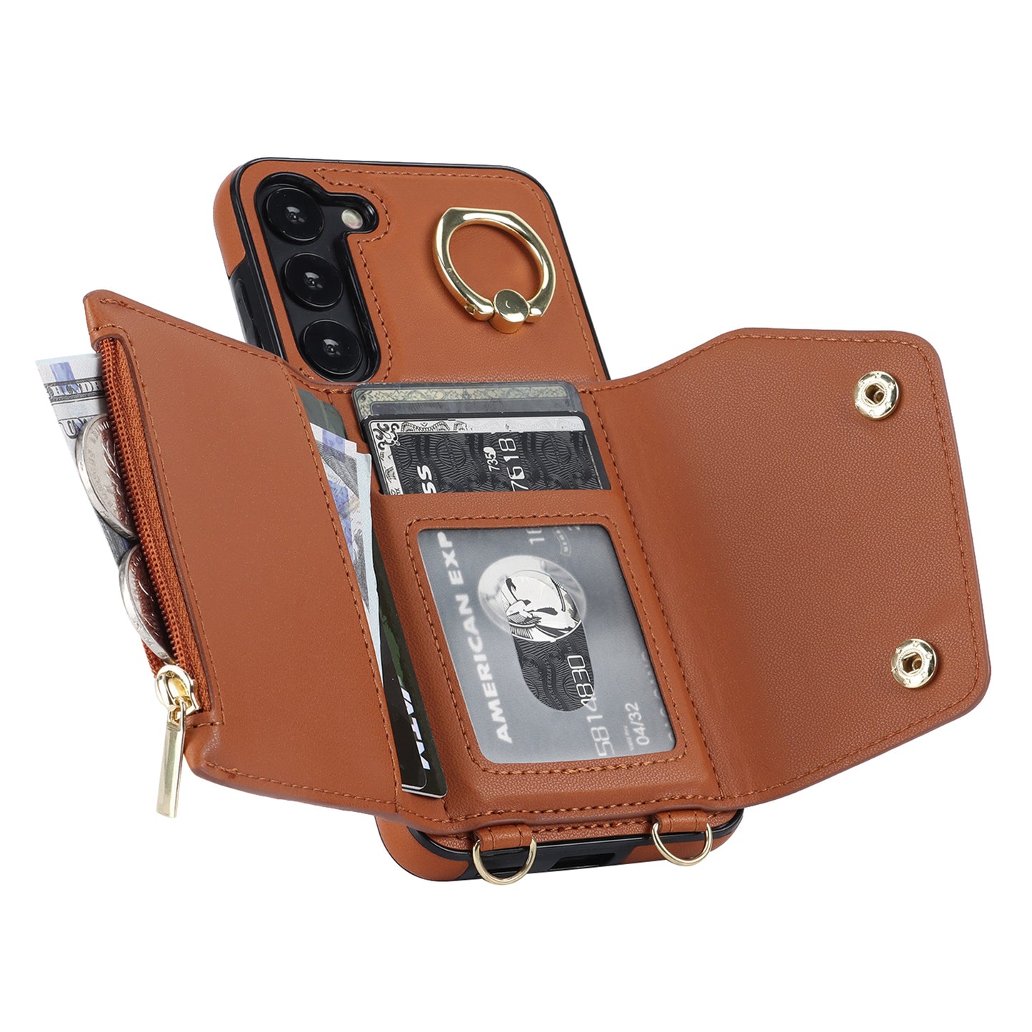 Crossbody Phone Case for Samsung Galaxy S24 Shell Ring Kickstand PU Leather Coated TPU Cover - Brown