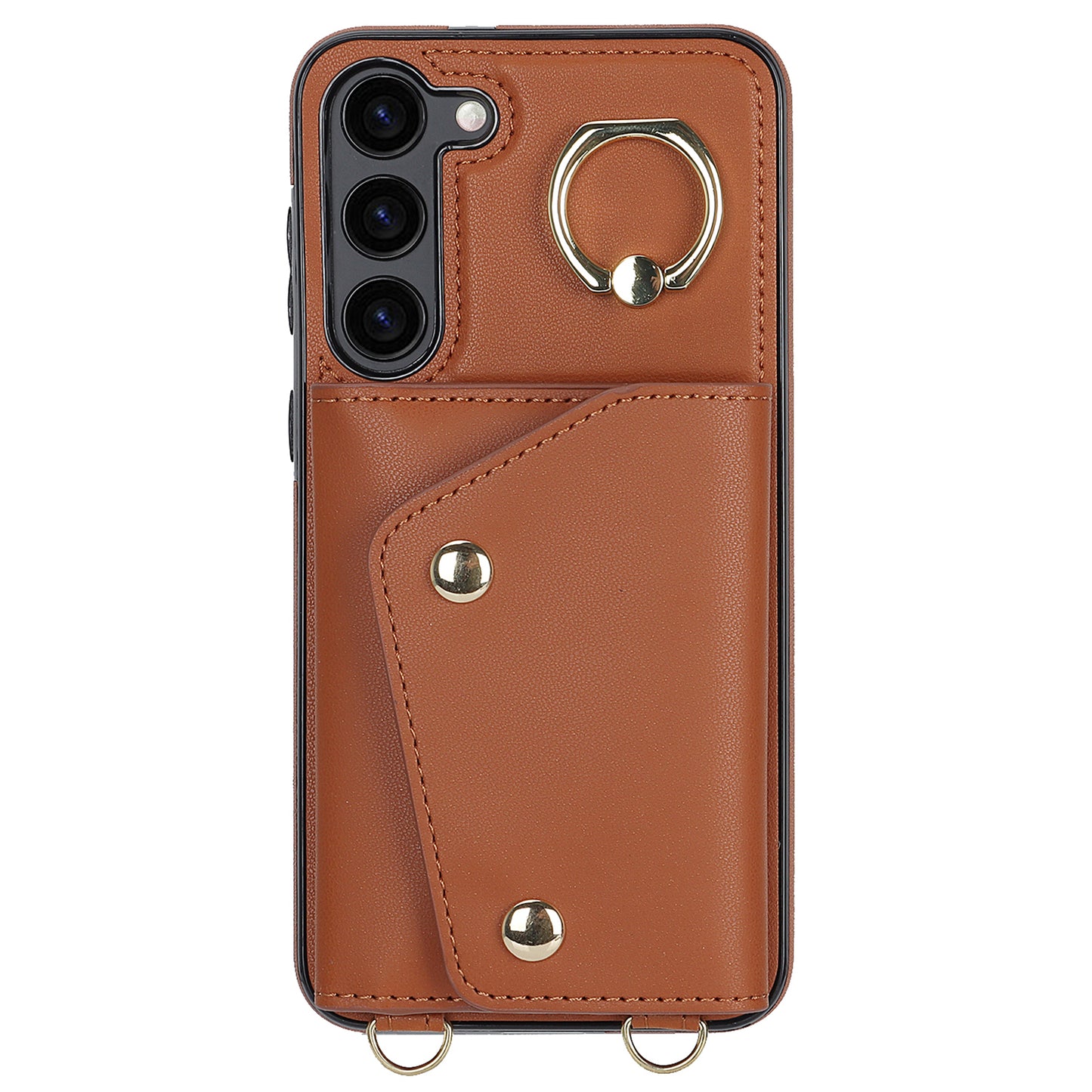 Crossbody Phone Case for Samsung Galaxy S24 Shell Ring Kickstand PU Leather Coated TPU Cover - Brown