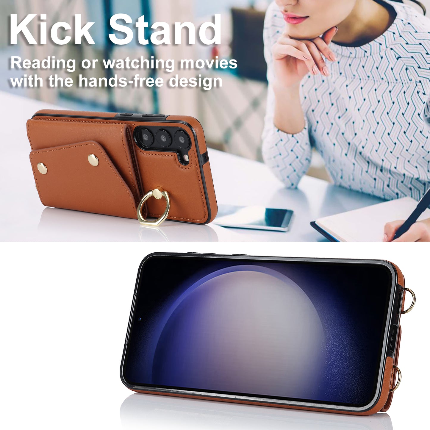 Crossbody Phone Case for Samsung Galaxy S24 Shell Ring Kickstand PU Leather Coated TPU Cover - Brown