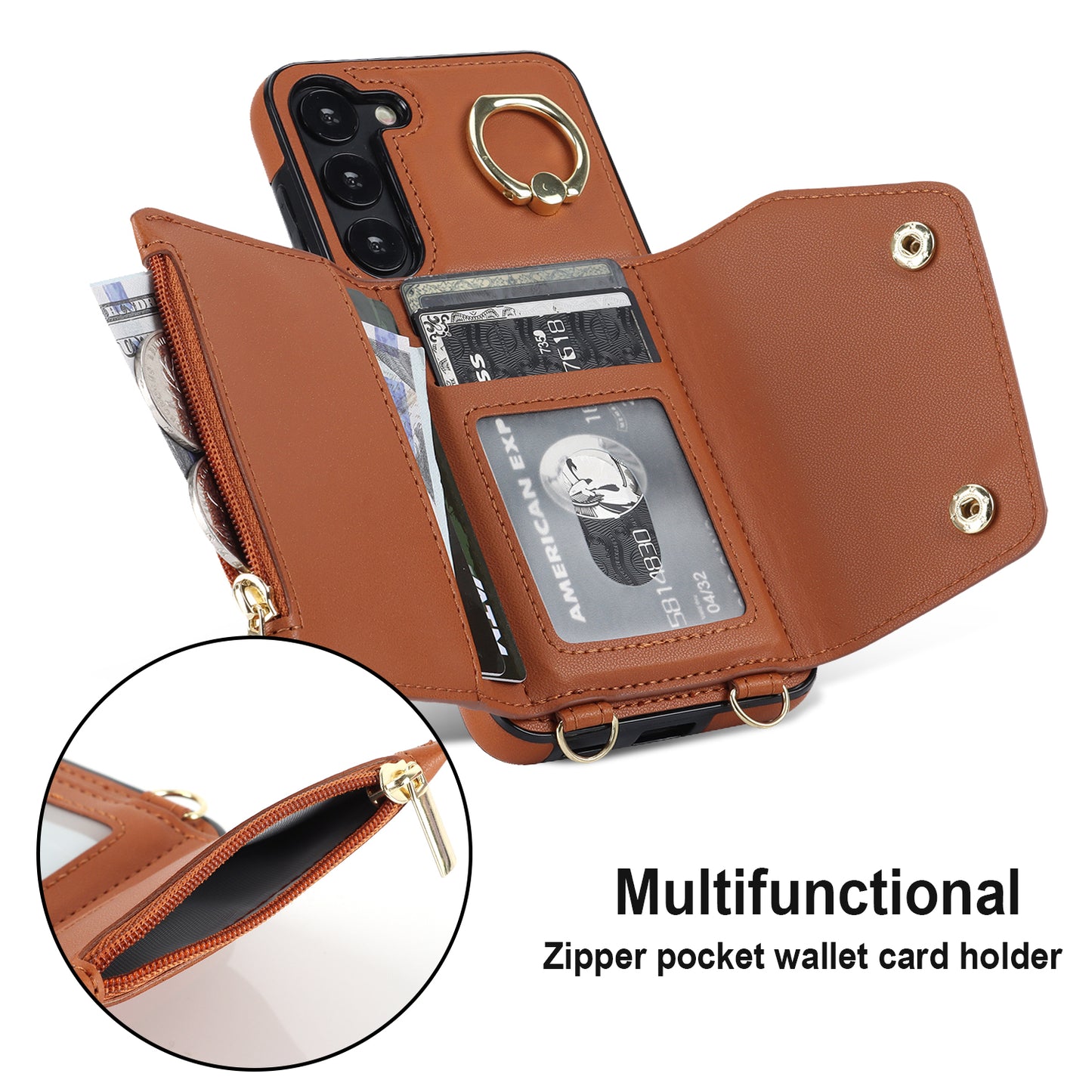 Crossbody Phone Case for Samsung Galaxy S24 Shell Ring Kickstand PU Leather Coated TPU Cover - Brown