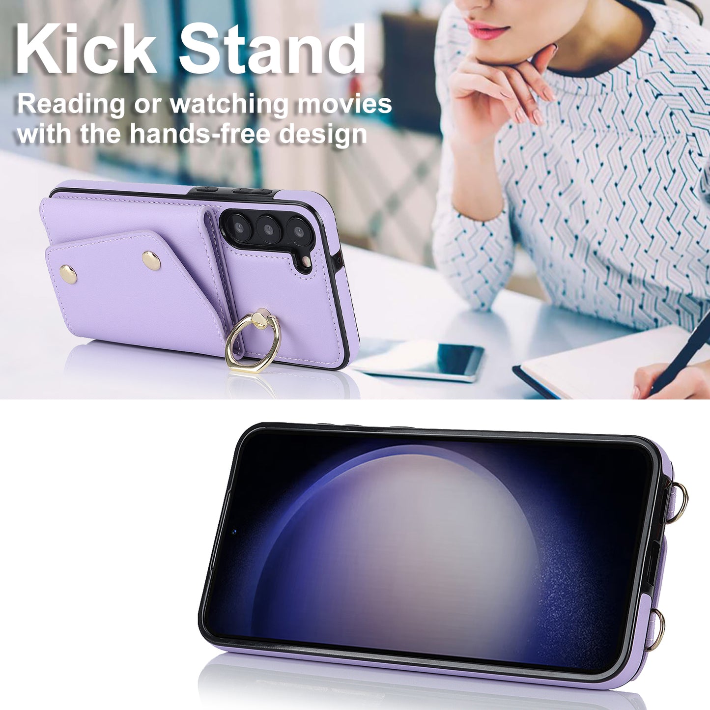 Crossbody Phone Case for Samsung Galaxy S24 Shell Ring Kickstand PU Leather Coated TPU Cover - Purple