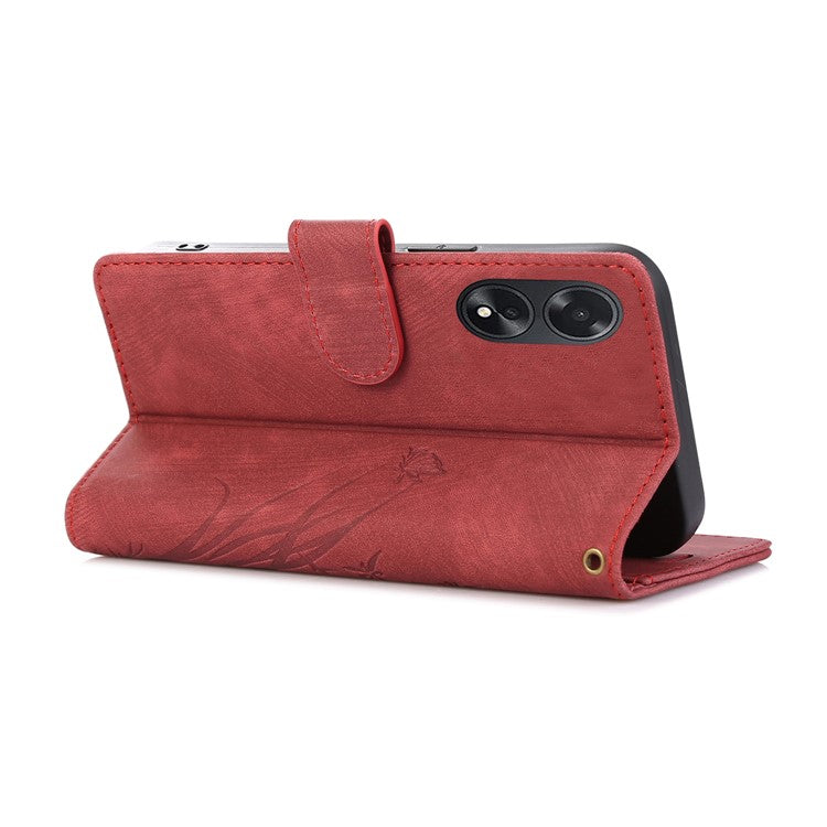 Wallet Leather Cover for Oppo A78 4G Shell Imprint Orchid Butterfly Pattern Phone Case - Red