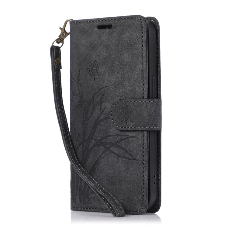 Wallet Leather Cover for Oppo A78 4G Shell Imprint Orchid Butterfly Pattern Phone Case - Black