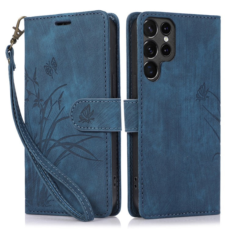 For Samsung Galaxy S23 Ultra Phone Case Imprinted Orchid Butterfly Flip Wallet Cover - Blue