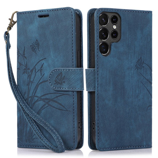 For Samsung Galaxy S23 Ultra Phone Case Imprinted Orchid Butterfly Flip Wallet Cover - Blue