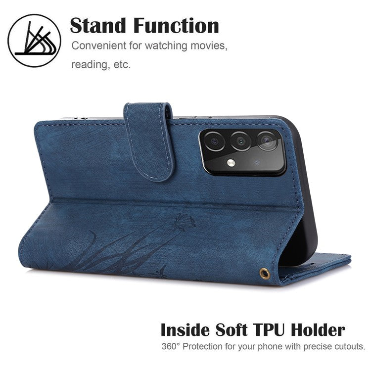 For Samsung Galaxy S23 Ultra Phone Case Imprinted Orchid Butterfly Flip Wallet Cover - Blue