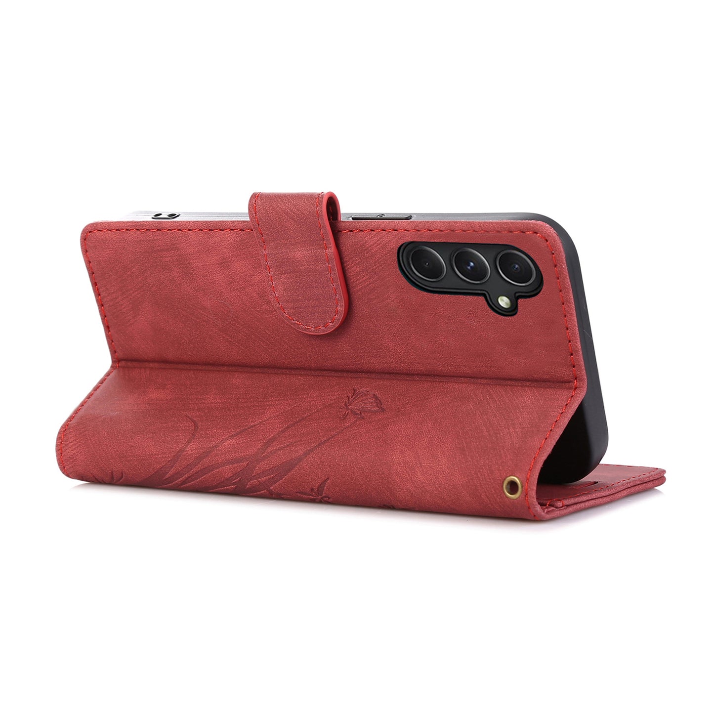 For Samsung Galaxy S24+ Leather Case Phone Wallet Orchid Butterfly Pattern - Red