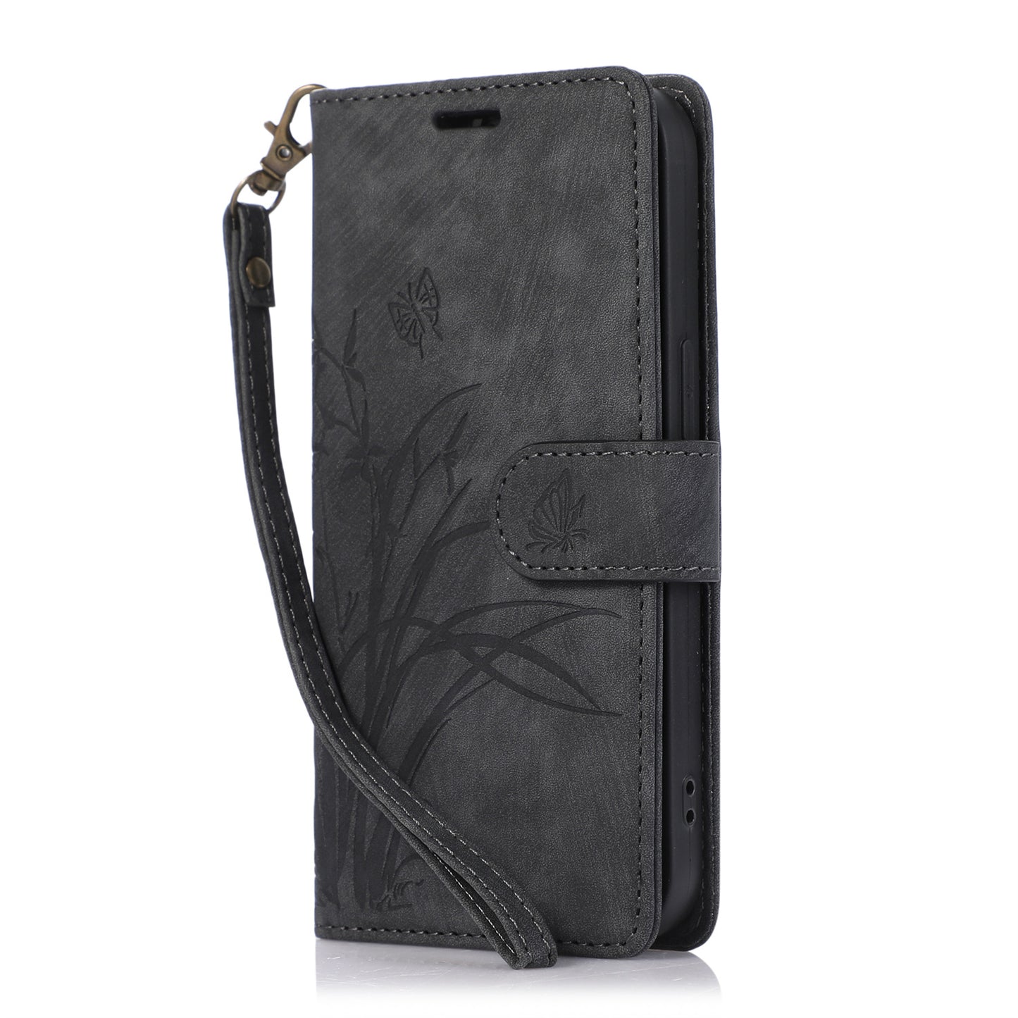 For Samsung Galaxy S24+ Leather Case Phone Wallet Orchid Butterfly Pattern - Black