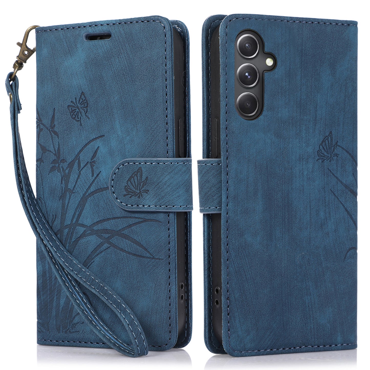 For Samsung Galaxy S24+ Leather Case Phone Wallet Orchid Butterfly Pattern - Blue
