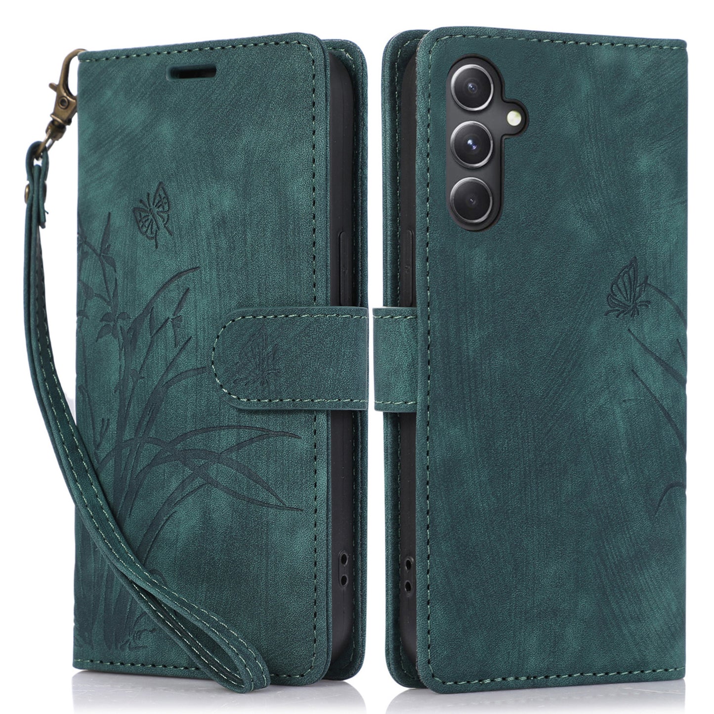 For Samsung Galaxy S24+ Leather Case Phone Wallet Orchid Butterfly Pattern - Green