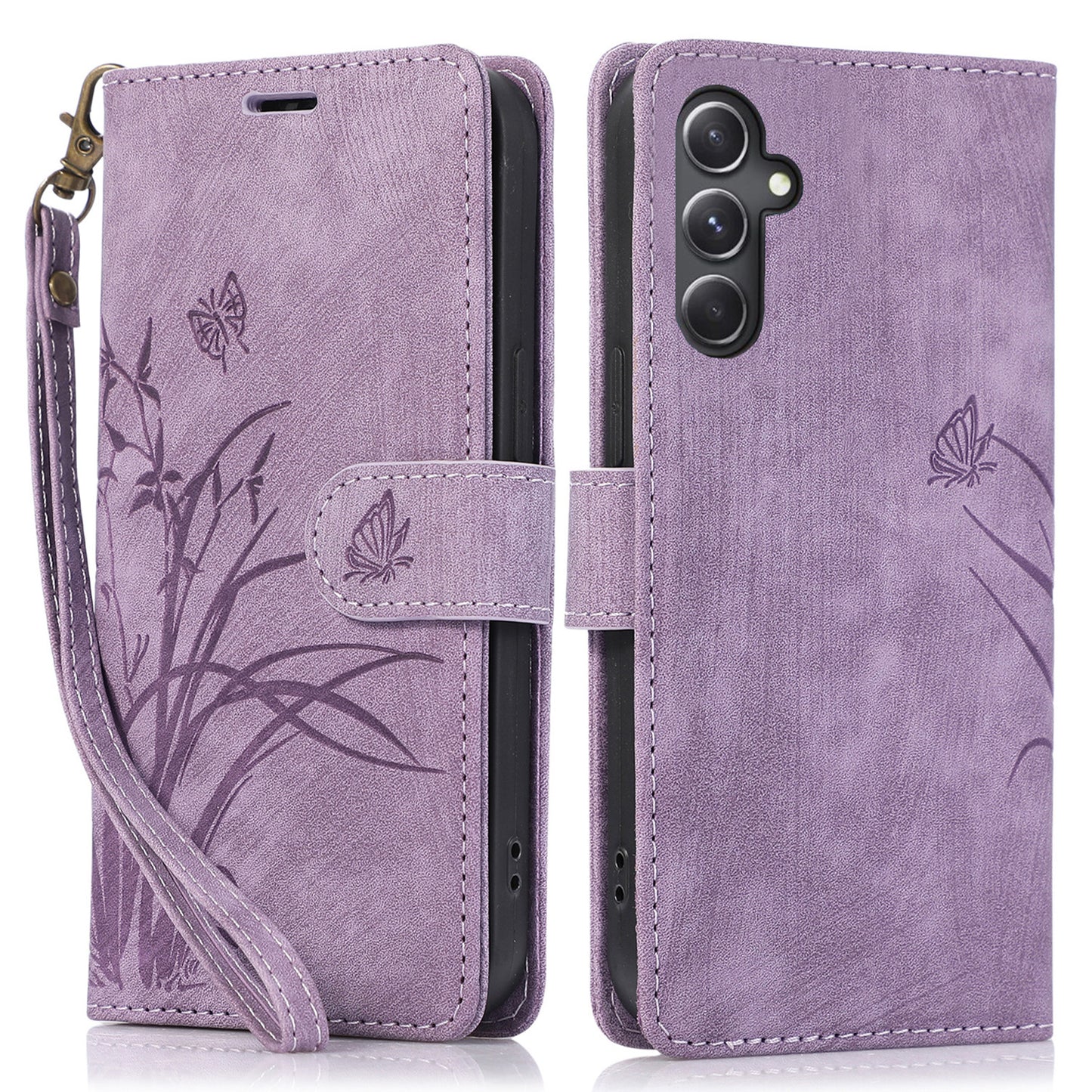 For Samsung Galaxy S24+ Leather Case Phone Wallet Orchid Butterfly Pattern - Purple