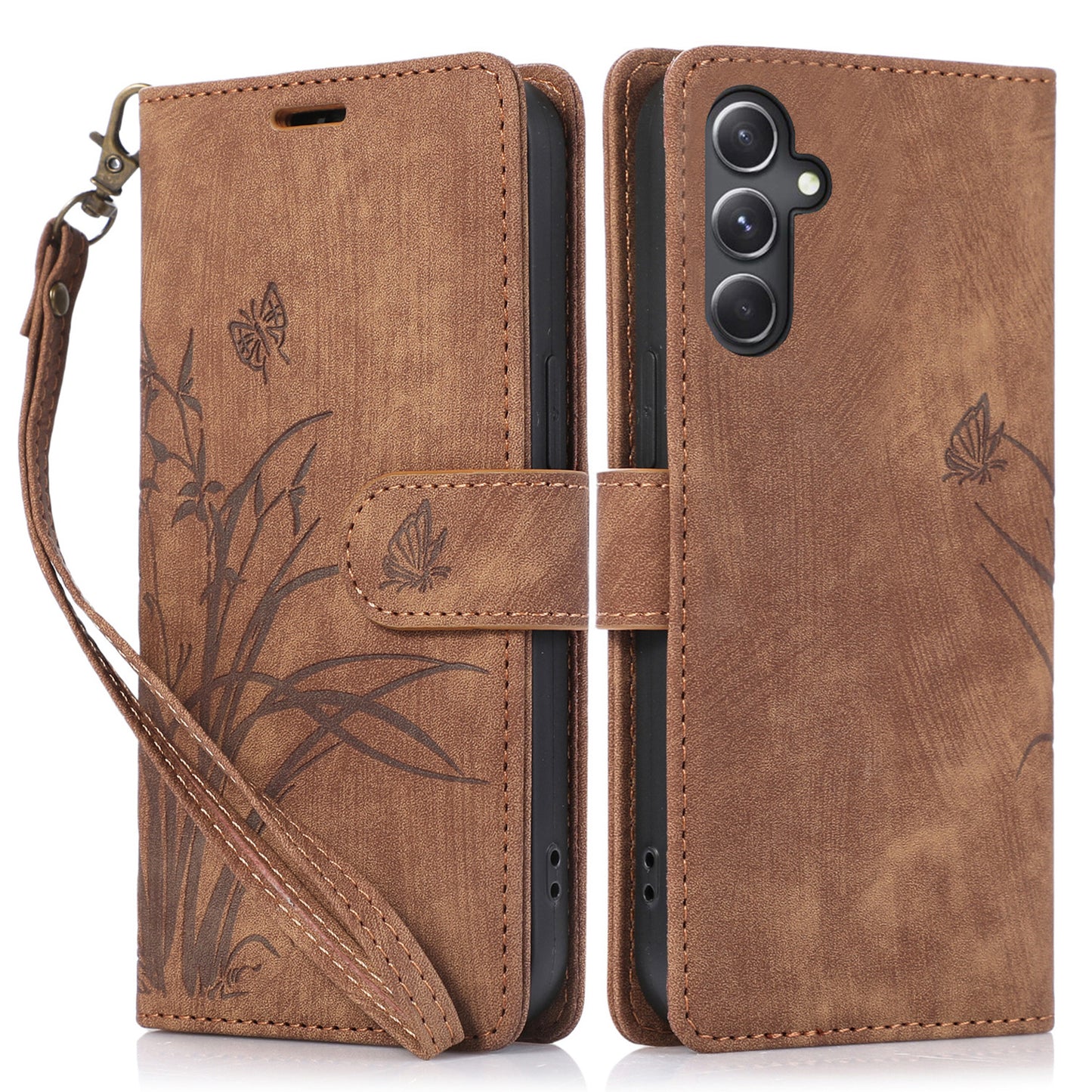 For Samsung Galaxy S24+ Leather Case Phone Wallet Orchid Butterfly Pattern - Brown