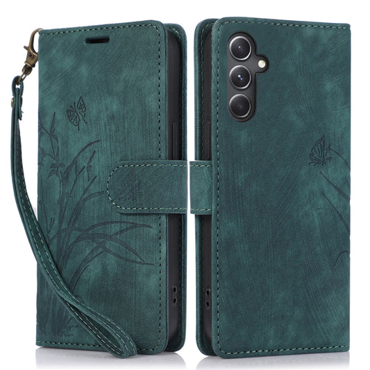 For Samsung Galaxy S24 Phone Case Orchid Butterfly Pattern Wallet Leather Cover - Green
