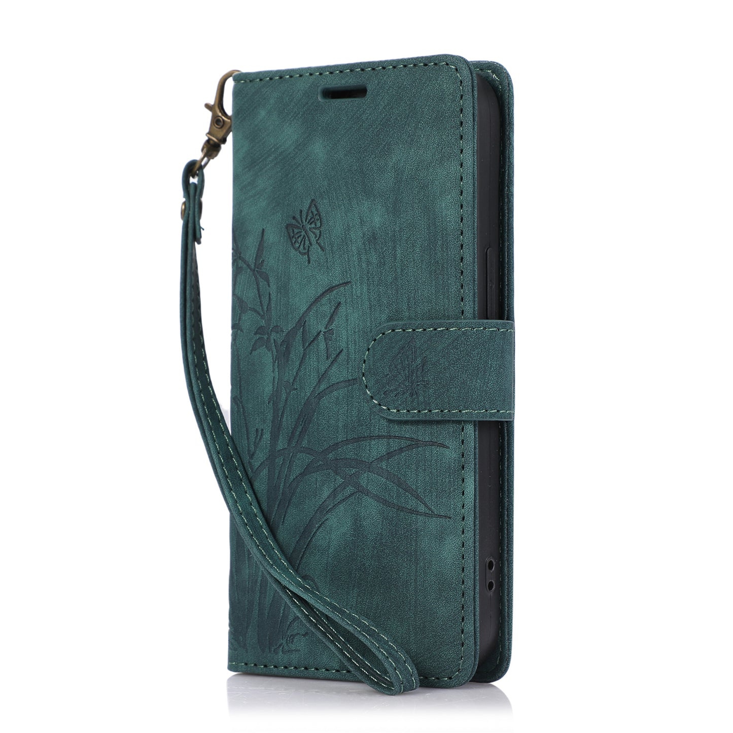 For Samsung Galaxy S24 Phone Case Orchid Butterfly Pattern Wallet Leather Cover - Green