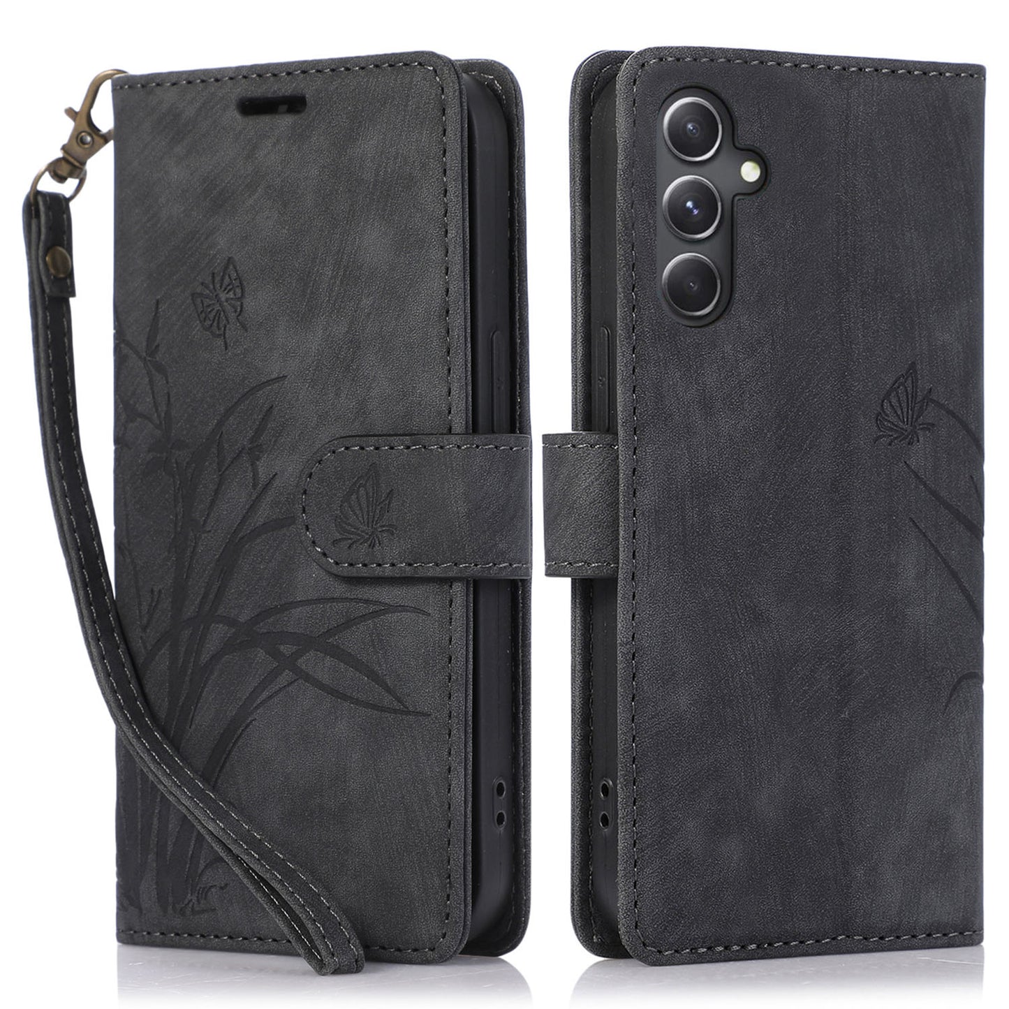 For Samsung Galaxy S24 Phone Case Orchid Butterfly Pattern Wallet Leather Cover - Black