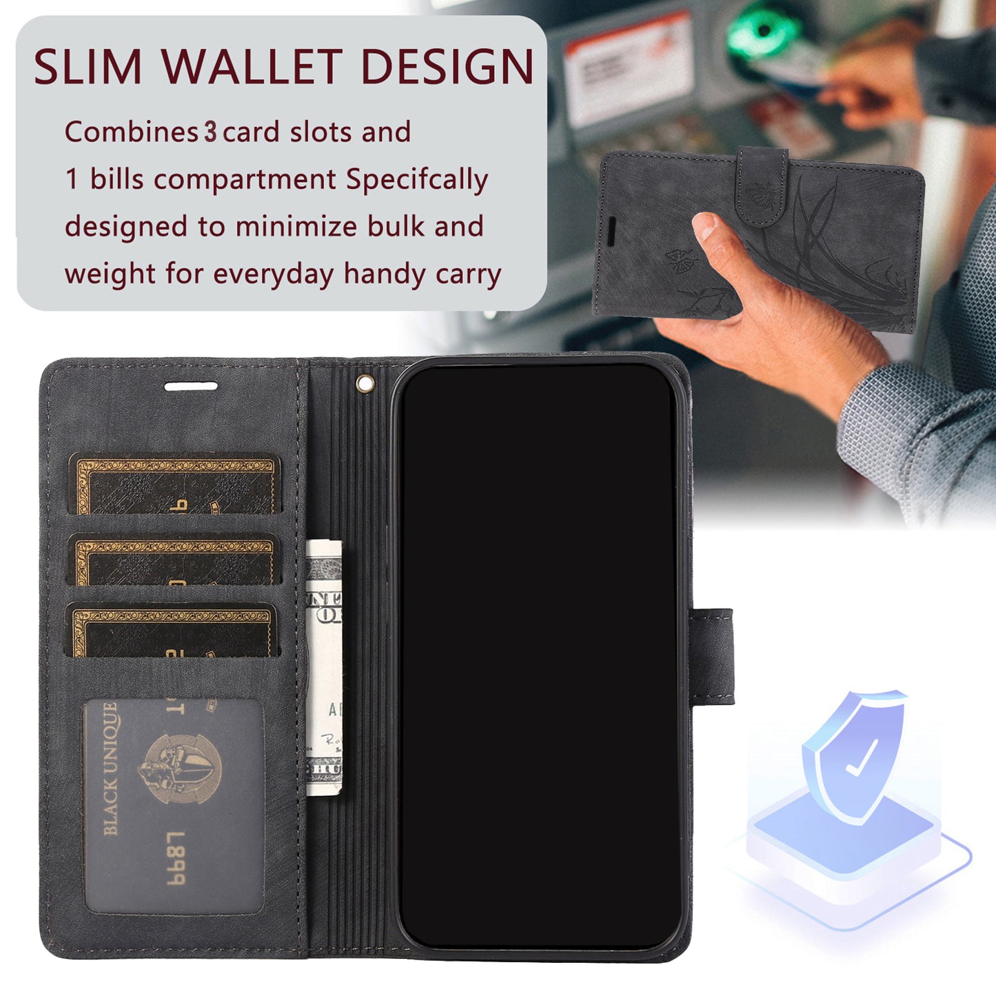 For Samsung Galaxy S24 Phone Case Orchid Butterfly Pattern Wallet Leather Cover - Black