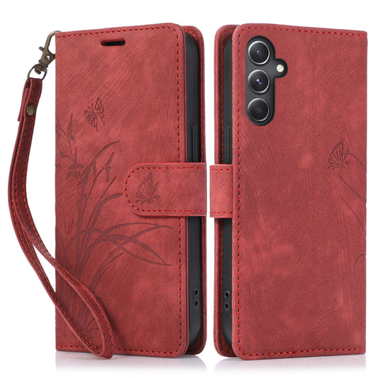 For Samsung Galaxy S24 Phone Case Orchid Butterfly Pattern Wallet Leather Cover - Red