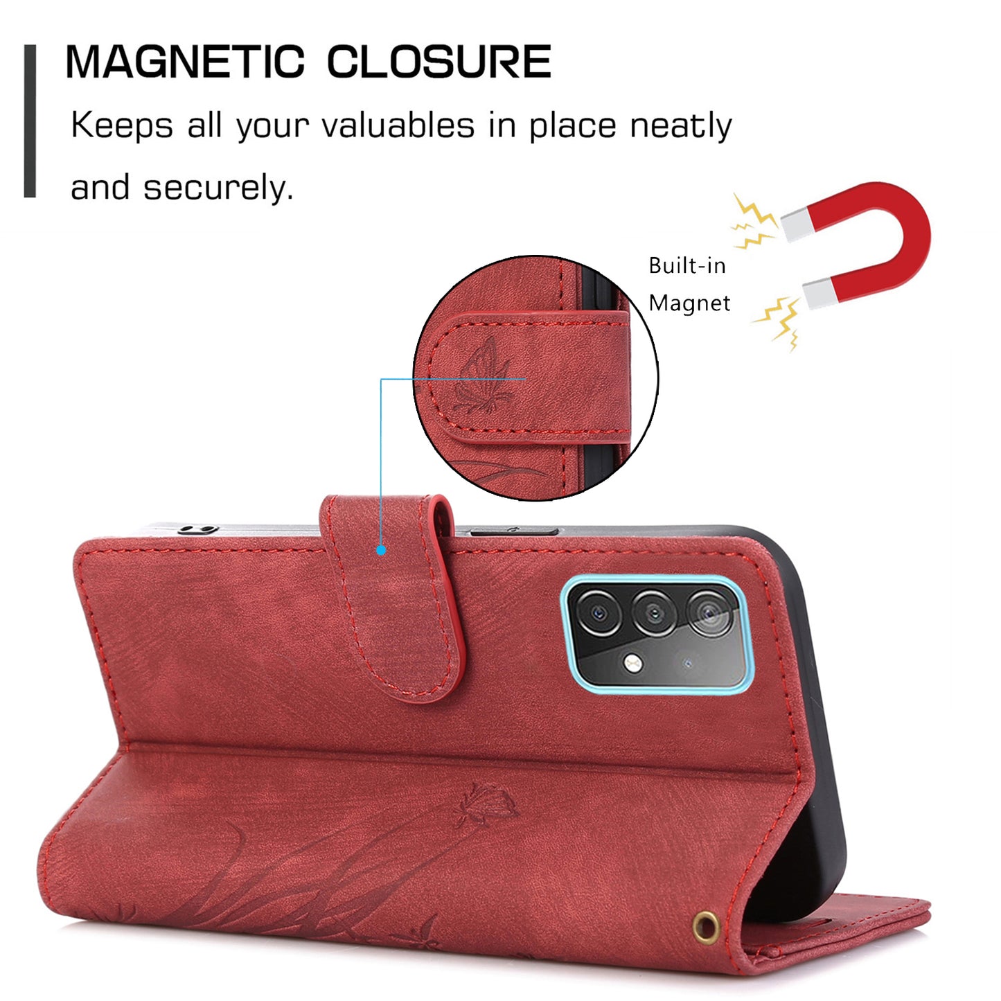 For Samsung Galaxy S24 Phone Case Orchid Butterfly Pattern Wallet Leather Cover - Red
